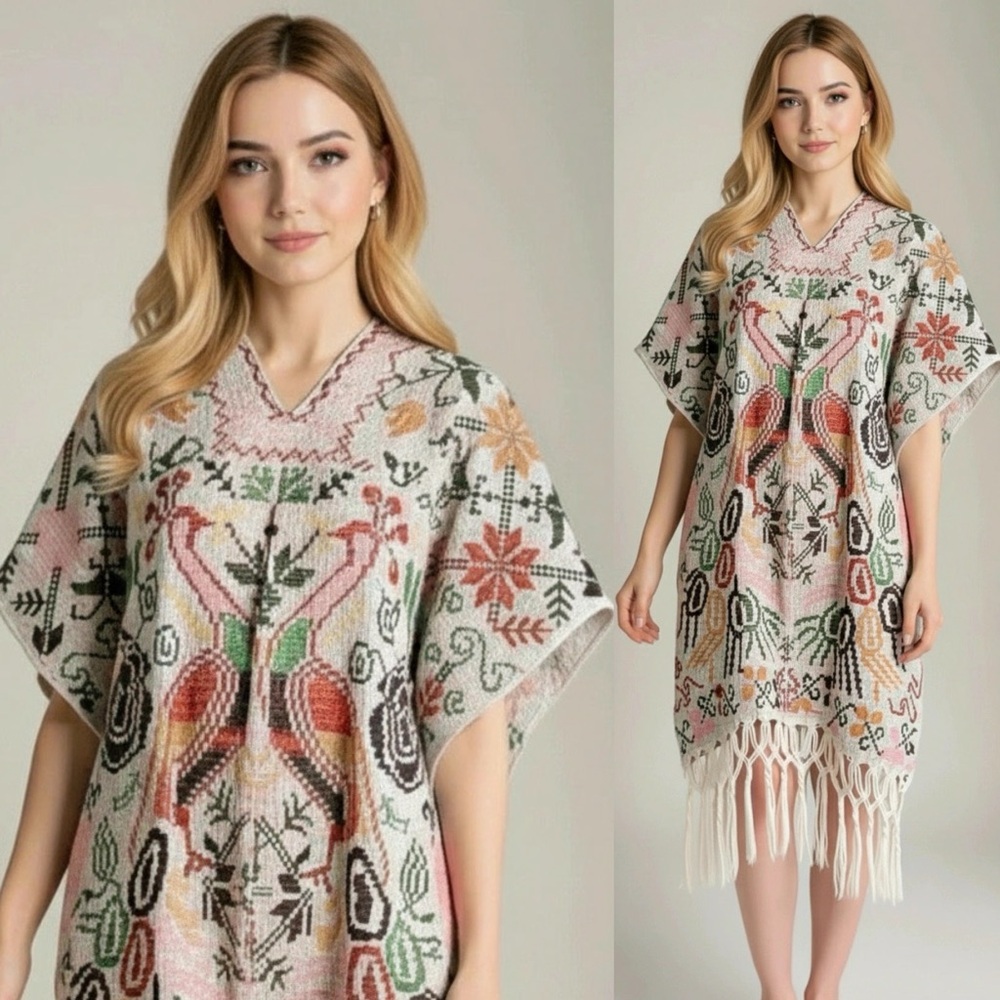 Handmade Mexican Embroidered Cross Stitch Colorful Peacock Tasseled Poncho OS